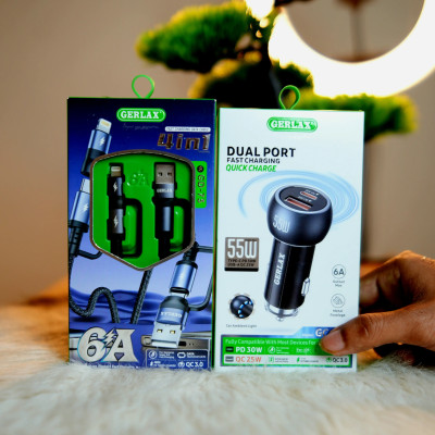 55 watt Car charger with 65 watt 4 in 1 braided cable